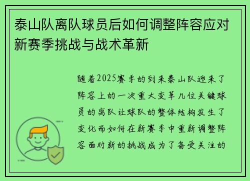 泰山队离队球员后如何调整阵容应对新赛季挑战与战术革新